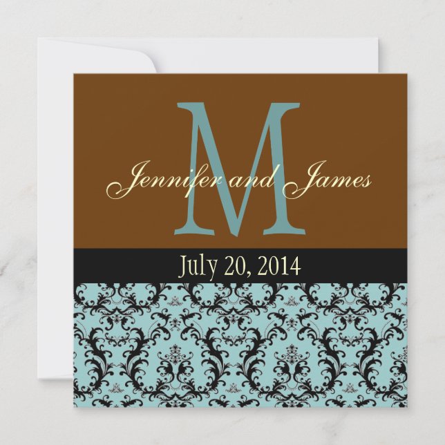 Faire-part de mariage bleu de brun de monogramme (Devant)