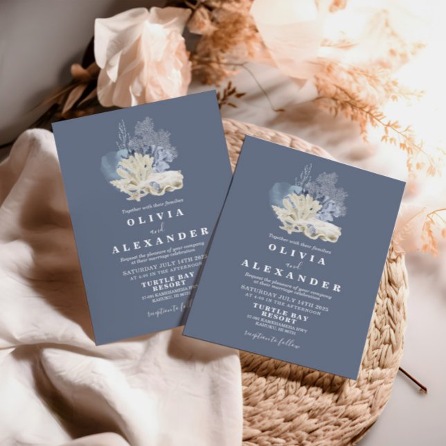 Faire-part de mariage bleu de plage de coquillages (Créateur téléchargé)