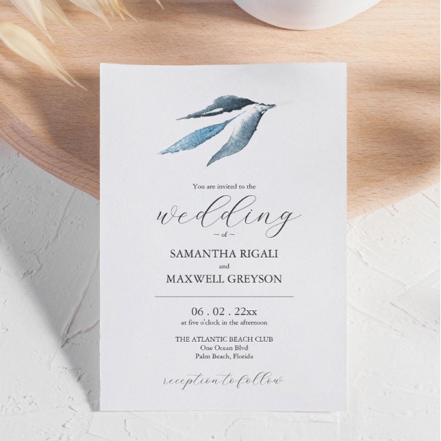 Faire-part de mariage bleu duvet à feuilles minima (Minimal Leaf Dusty Blue Wedding Invitation watercolor art by Victoria Grigaliunas of Do Tell A Belle)