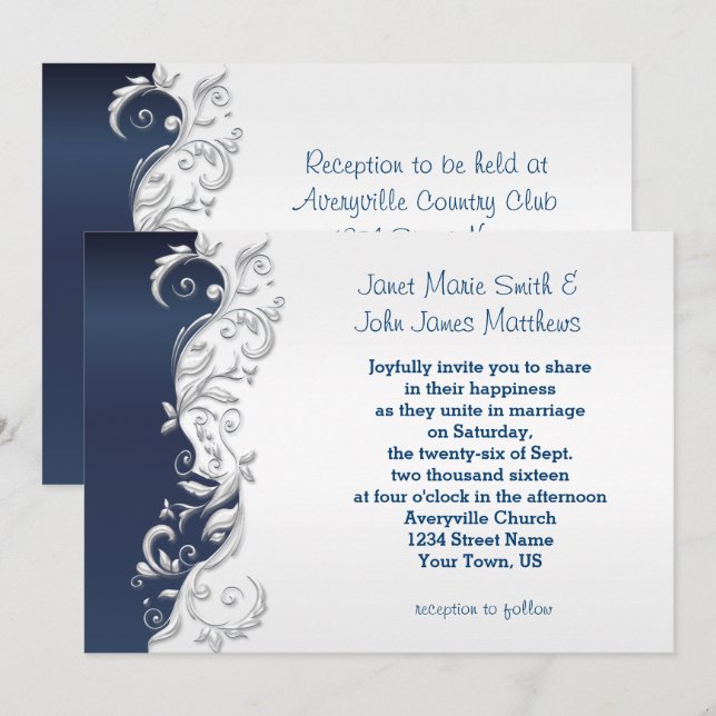 Faire-part de mariage bleu et blanc de la Marine (Devant / Derrière)