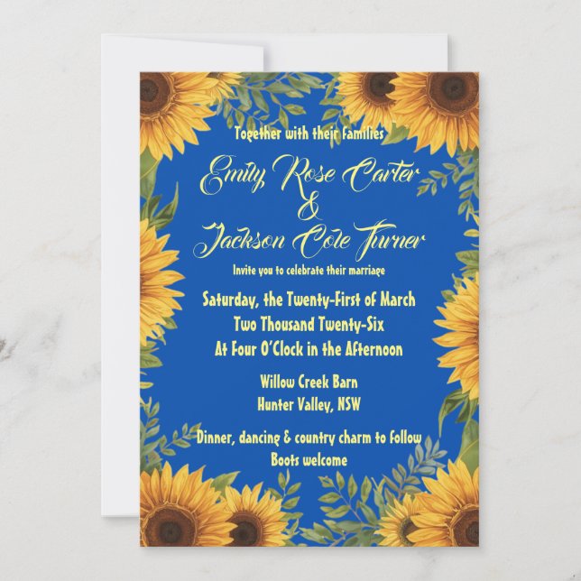 Faire-part de mariage bleu et tournesol (Devant)