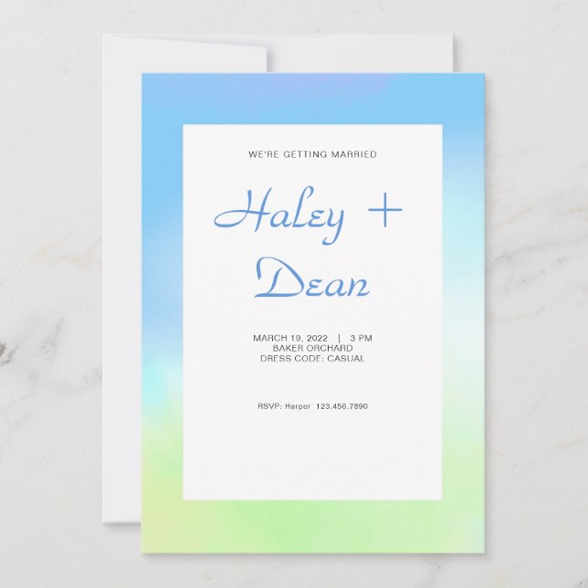 Faire-part de mariage bleu et vert (Devant)