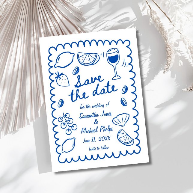 Faire-part de mariage bleu festif côtier "Save the (Festive Blue Coastal Wedding Save the Date)