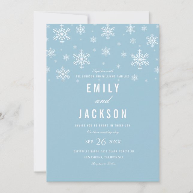 Faire-part de mariage bleu flocon de neige moderne (Devant)