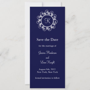 Faire-part de mariage bleu foncé avec monogramme é