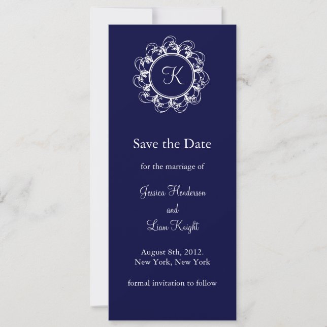 Faire-part de mariage bleu foncé avec monogramme é (Devant)