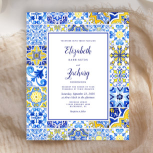 Faire-part de mariage bleu jaune carreaux portugai
