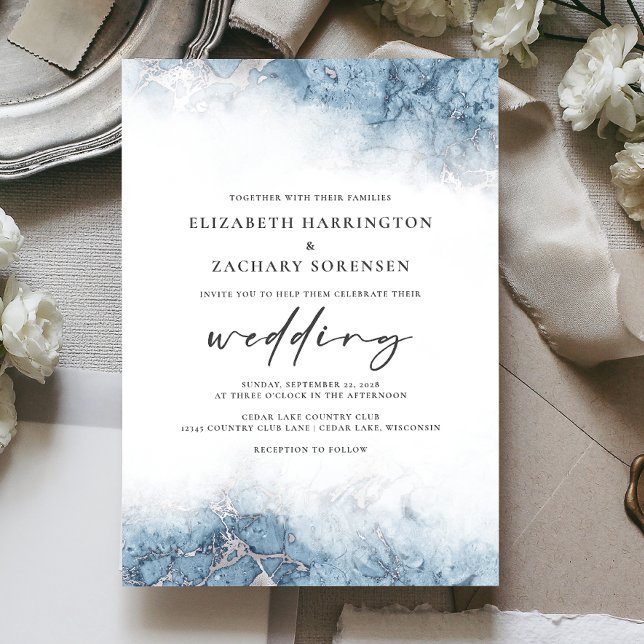 Faire-part de mariage bleu marbre argenté élégant (Créateur téléchargé)