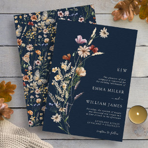 Faire-part de mariage bleu marine à fleurs sauvage