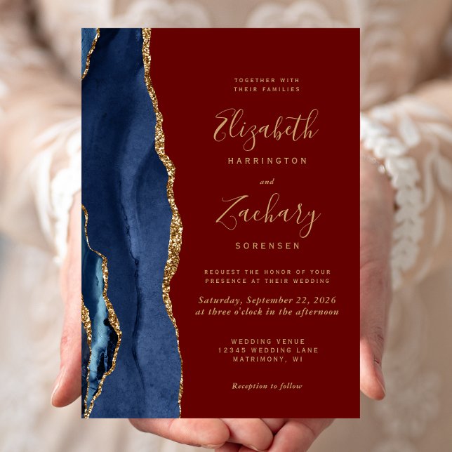 Faire-part de mariage bleu marine agate or bordeau (Créateur téléchargé)
