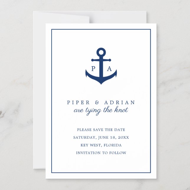Faire-part de mariage Bleu Marine Ancre Monogramme (Recto)
