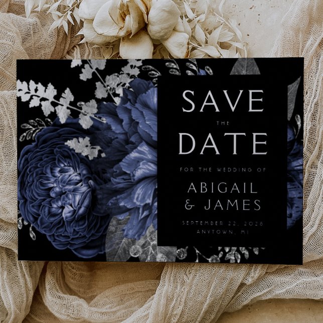 Faire-part de mariage bleu marine argent floral so (Créateur téléchargé)