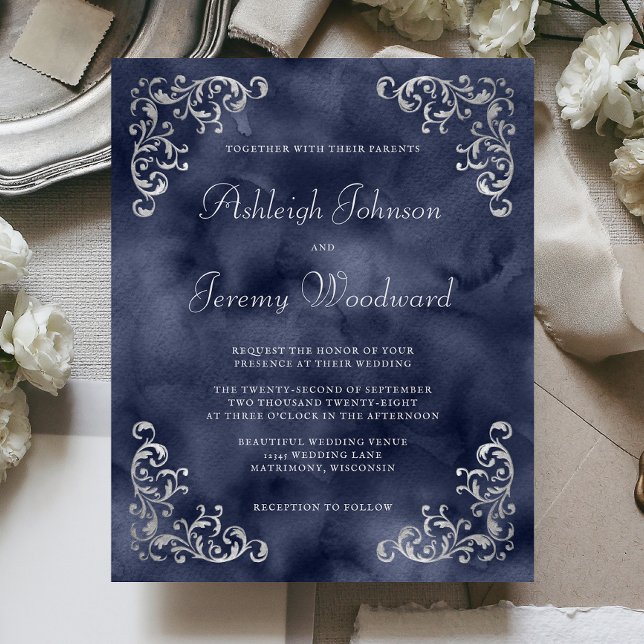 Faire-part de mariage bleu marine argenté (Créateur téléchargé)