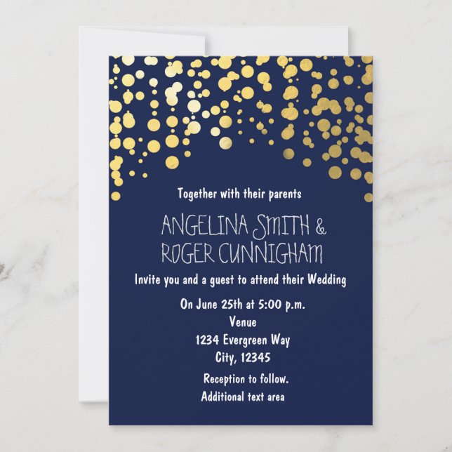 Faire-part de mariage bleu marine avec confettis e (Devant)