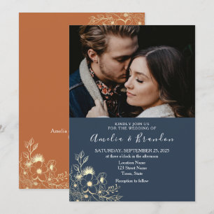Faire-part de mariage bleu marine avec dentelle do