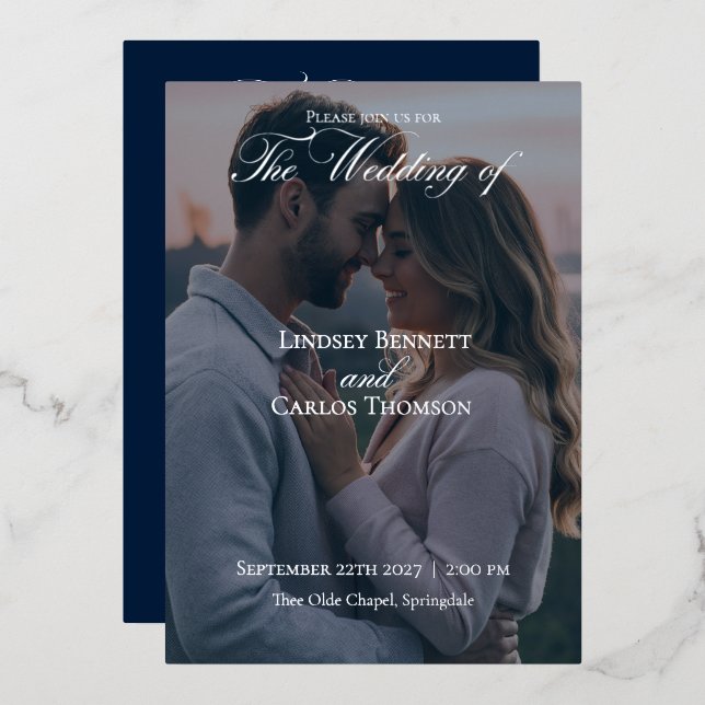 Faire-part de mariage bleu marine avec détails (Recto/Verso)