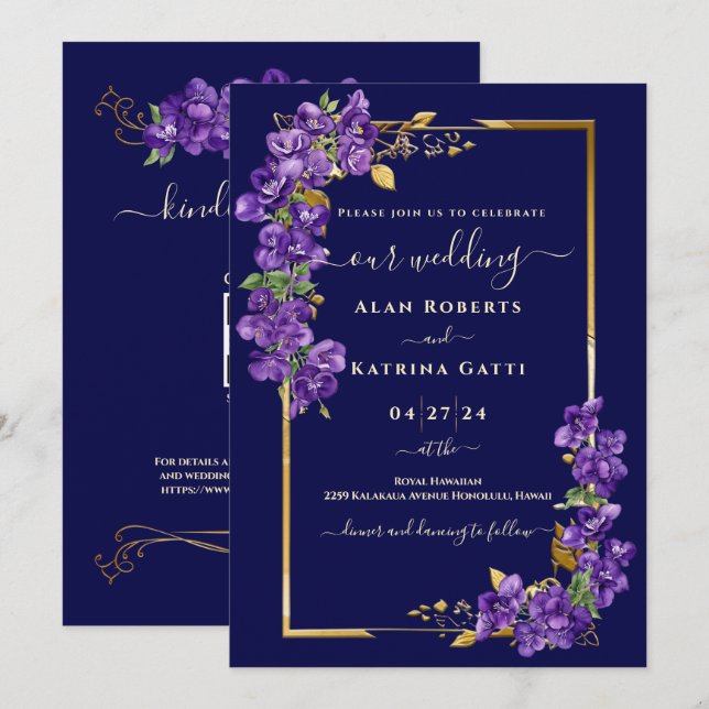 Faire-part de mariage bleu marine avec violettes v (Devant / Derrière)