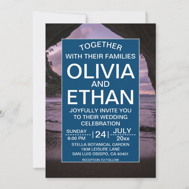 Faire-part de mariage bleu marine de plage (Devant)