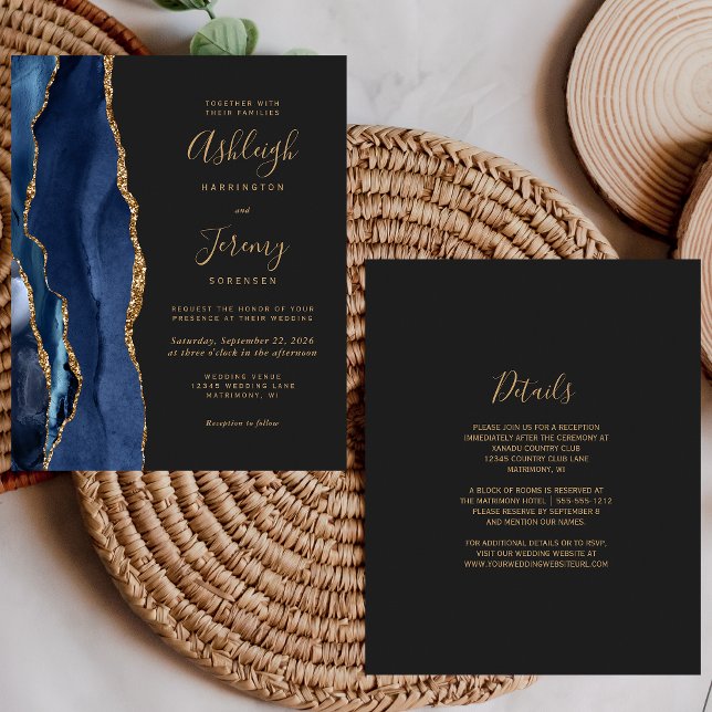 Faire-part de mariage bleu marine doré sombre avec (Créateur téléchargé)