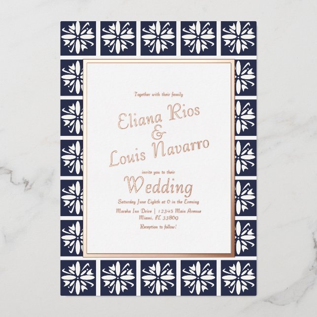 Faire-part de mariage bleu marine en Talavera mode (Recto)