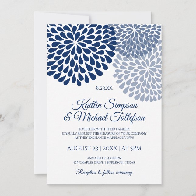 Faire-part de mariage bleu marine et bleu poussiér (Devant)