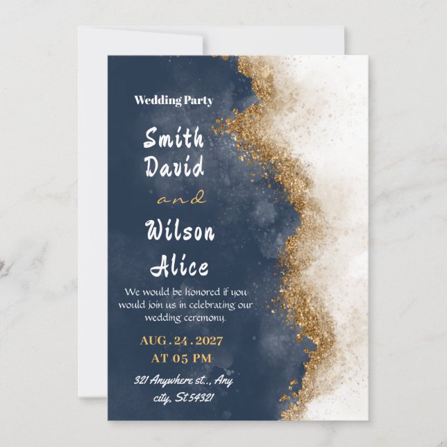 Faire-part de mariage bleu marine et or (Devant)