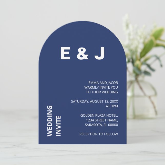 Faire-part de mariage bleu marine moderne (Debout devant)