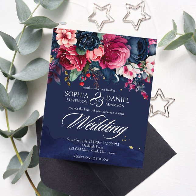 Faire-part de mariage bleu marine rose roses (Créateur téléchargé)