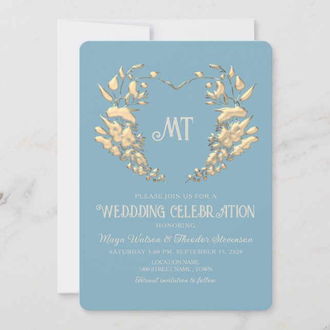 Faire-part de mariage bleu or Monogramme Baroque (Devant)