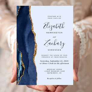 Faire-part de mariage bleu pâle Navy Gold Agate