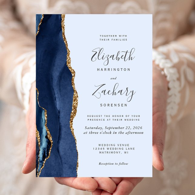 Faire-part de mariage bleu pâle Navy Gold Agate (Créateur téléchargé)