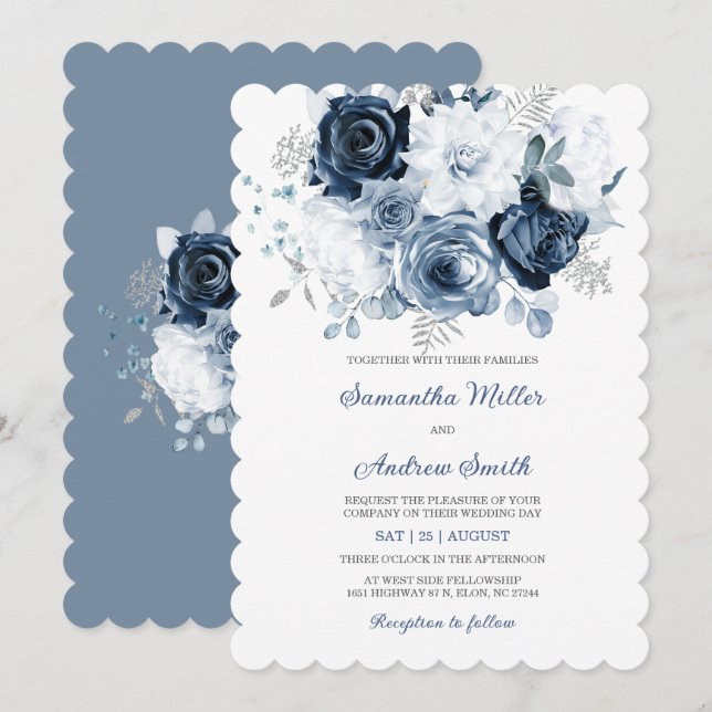 Faire-part de mariage bleu poussière et argent (Devant / Derrière)