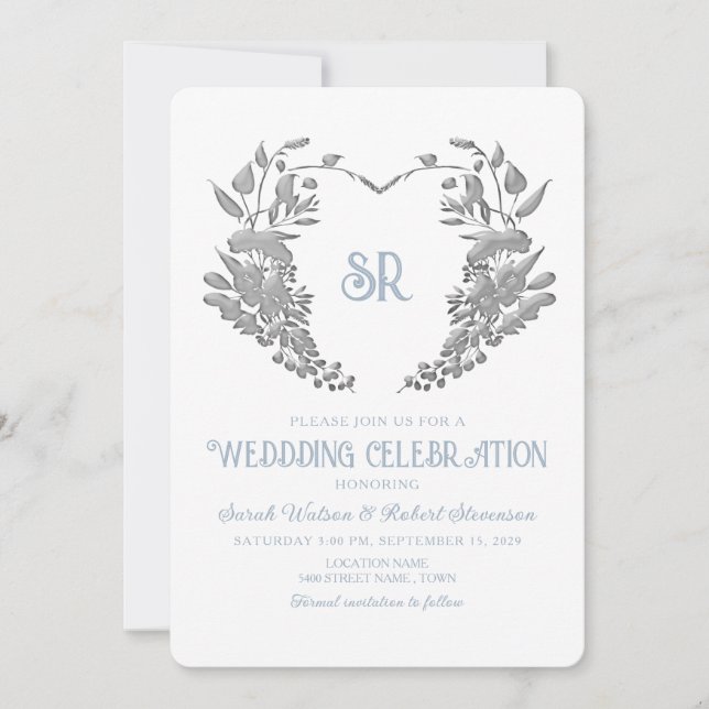 Faire-part de mariage bleu poussiéreux au monogram (Devant)
