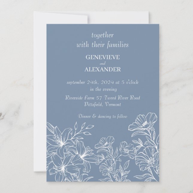 Faire-part de mariage bleu poussiéreux avec lis (Devant)