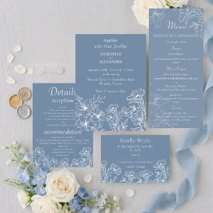 Faire-part de mariage bleu poussiéreux avec lis