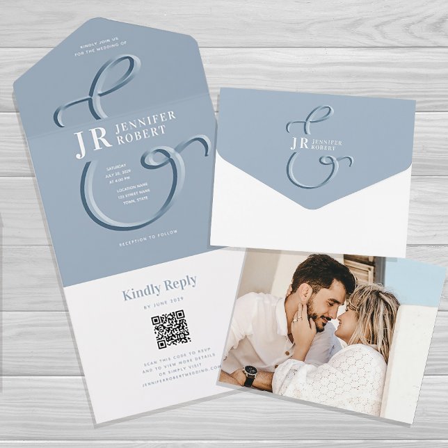 Faire-part de mariage bleu poussiéreux avec monogr (Créateur téléchargé)