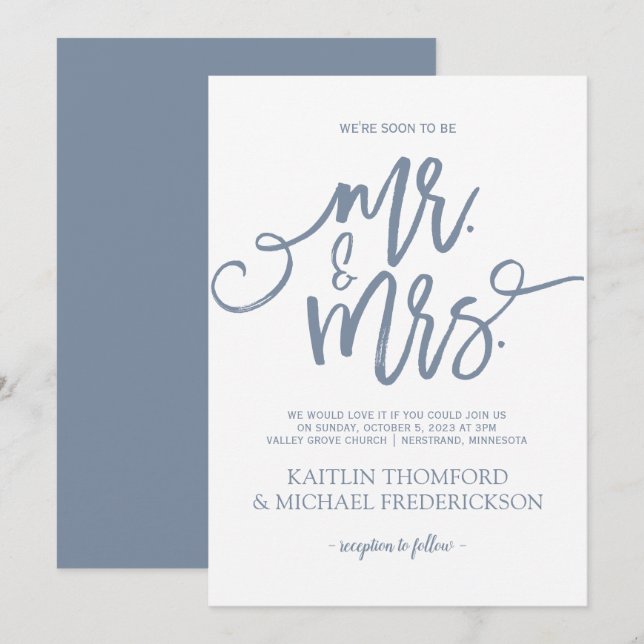 Faire-part de mariage bleu poussiéreux | Écriture  (Devant / Derrière)