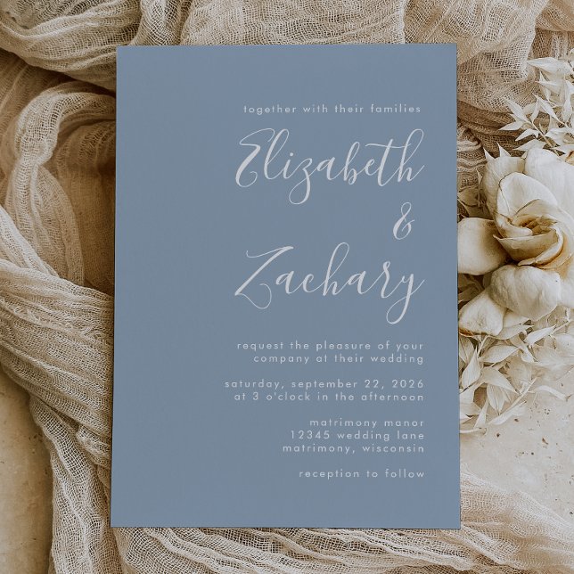 Faire-part de mariage bleu poussiéreux écriture mo (The perfect choice for a dusty blue themed wedding.)