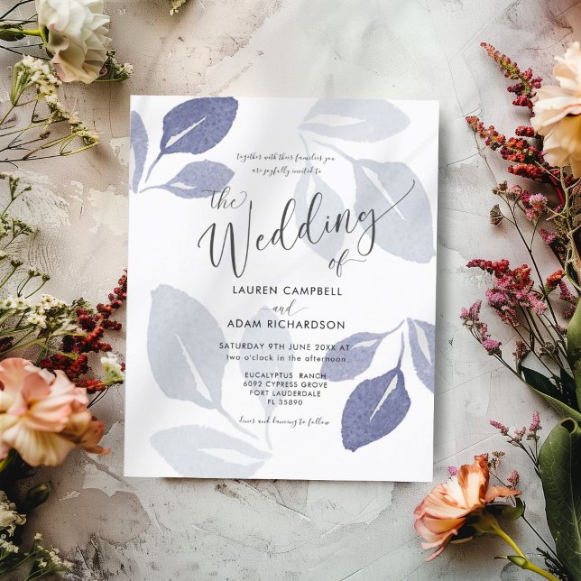 Faire-part de mariage bleu poussiéreux feuillage b (Créateur téléchargé)