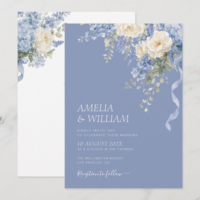 Faire-part de mariage bleu poussiéreux floral (Devant / Derrière)