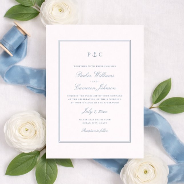 Faire-part de mariage Bleu poussiéreux Monogramme  (Nautical Anchor Monogram Wedding Invitation in Dusty Blue by Coastal Map Designs)