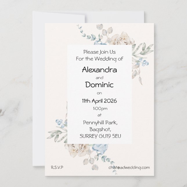 Faire-part de mariage - bleu rose roses (Devant)