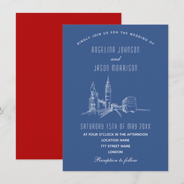 Faire-part de mariage bleu rouge sur la skyline de (Devant / Derrière)