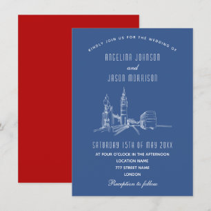 Faire-part de mariage bleu rouge sur la skyline de