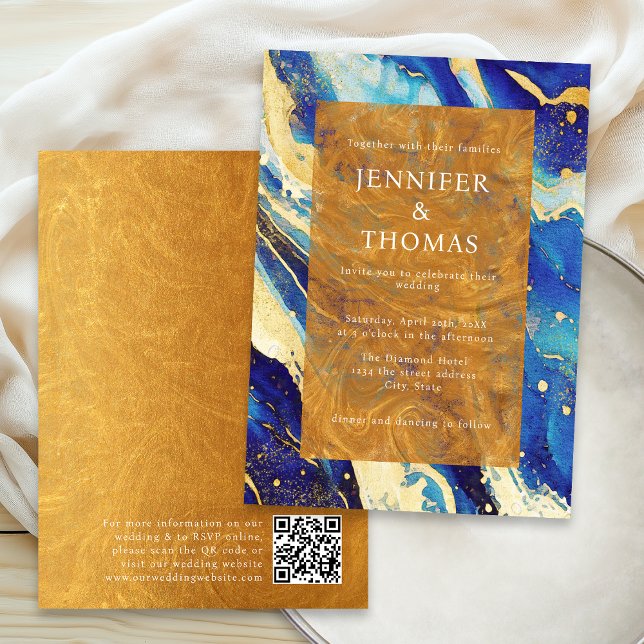 Faire-part de mariage bleu royal or avec code QR (Créateur téléchargé)
