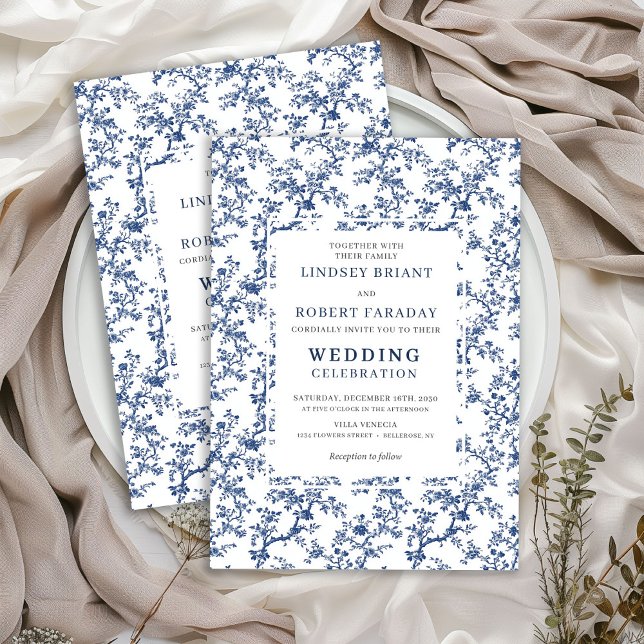 Faire-part de mariage bleu Toile de Jouy française (Luxury French Toile de Jouy Blue Wedding Invite)