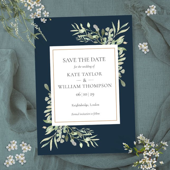 Faire-part de mariage Bleu verdure de haute mer (Deep Sea Blue Greenery Wedding Save the Date Invitation)