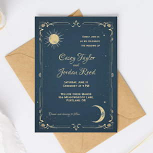 Faire-part de mariage bleu Vintage Sun & Moon