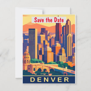 Faire-part de mariage bleu vintage sur la skyline 