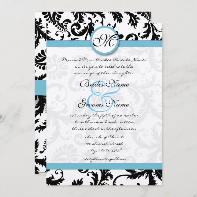 Faire-part de mariage Blue Damask Fils 5 x 7 (Devant / Derrière)